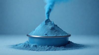 The primary subject of the image is a blue powder, which appears to be a type of blue paint or a powdered substance. The setting is a blue surface, possibly a table or a countertop. The visual style of the image is a close-up of the blue powder, showcasing its texture and color. The dominant colors in the image are blue, and the overall atmosphere is calm and serene.