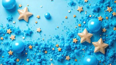 The primary subject of the image is a blue background with stars and a blue star. The setting is a blue surface, possibly a table or a wall. The visual style is a combination of digital art and illustration, creating a unique and eye-catching design. The colors and mood of the image are predominantly blue, with a touch of gold, giving it a calm and serene atmosphere.