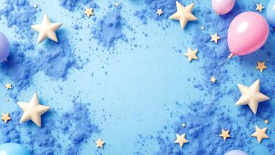 The primary subject of the image is a blue starry background with stars and a blue sky. The setting is a blue surface, possibly a wall or a background, with a star pattern. The visual style is a combination of a photo and digital art, creating a unique and artistic representation of the starry sky. The colors and mood of the image are predominantly blue, with a sense of wonder and tranquility.
