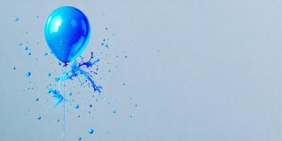 The primary subject of the image is a blue balloon with water droplets flying out of it. The balloon is floating in the air, and the water droplets are scattered around it. The setting is a white background, which provides a clean and uncluttered environment for the balloon and water droplets to be the main focus. The visual style is a combination of photo and digital art, creating a realistic yet artistic representation of the balloon and water droplets. The colors and