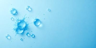 The primary subject of the image is a close-up of a blue surface with water droplets on it. The setting is a white background, and the visual style appears to be a photo. The dominant colors are blue and white, creating a calm and serene atmosphere.
