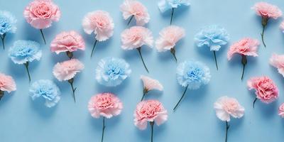 The primary subject of the image is a collection of colorful flowers, including pink, blue, and white ones. These flowers are arranged in a visually appealing manner, creating a sense of harmony and beauty. The setting is a blue background, which provides a striking contrast to the vibrant colors of the flowers. The visual style of the image is a combination of photo and digital art, resulting in a high-quality and detailed representation of the flowers. The colors and mood of the image are predominantly warm and inv
