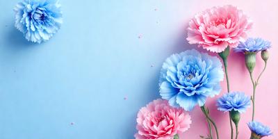 The primary subject of the image is a bouquet of three flowers, each with a different color: pink, blue, and purple. The flowers are arranged in a visually appealing manner, creating a sense of harmony and beauty. The setting is a blue wall, which serves as a striking backdrop for the flowers. The visual style of the image is a combination of photo and digital art, resulting in a vibrant and realistic representation of the flowers. The colors and mood of the image are predominantly warm
