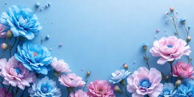 The primary subject of the image is a bouquet of flowers, with a variety of colors including pink, blue, and white. The flowers are arranged in a visually appealing manner, creating a sense of beauty and freshness. The setting is a blue wall, which serves as a striking backdrop for the flowers. The visual style of the image is a combination of photo and digital art, resulting in a vibrant and realistic representation of the flowers. The colors and mood of the image are predominantly warm and inv