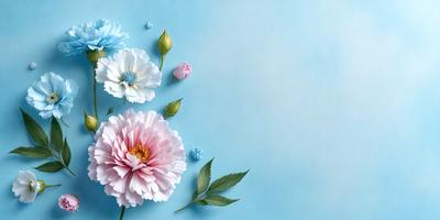 The primary subject of the image is a bouquet of flowers, which are arranged in a visually appealing manner. The flowers are placed on a blue surface, which adds a vibrant and calming touch to the scene. The visual style of the image is a combination of photo and digital art, creating a realistic yet artistic representation of the flowers. The colors and mood of the image are predominantly white and blue, giving it a clean and serene atmosphere.