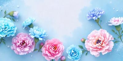 The primary subject of the image is a bouquet of colorful flowers, including pink, blue, and purple, arranged in a visually appealing manner. The flowers are placed on a blue background, which adds a sense of depth and contrast to the scene. The visual style of the image is a combination of photo and digital art, creating a vibrant and lively atmosphere. The dominant colors of the flowers and the background create a cheerful and uplifting mood.