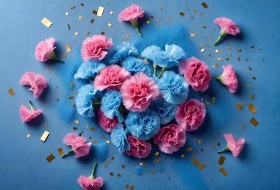 The primary subject of the image is a bouquet of colorful flowers, including pink, blue, and purple, arranged on a blue surface. The setting appears to be a creative and artistic environment, possibly a painting or a digital artwork. The visual style of the image is a combination of photo and digital art, creating a vibrant and lively atmosphere. The colors and mood of the image are predominantly bright and cheerful, with the flowers adding a touch of natural beauty to the scene.