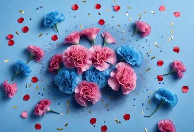 The primary subject of the image is a bouquet of flowers, which are predominantly pink and blue. The flowers are arranged in a visually appealing manner, creating a sense of harmony and beauty. The setting is a blue background, which complements the colors of the flowers and adds to the overall aesthetic of the image. The visual style is a combination of photo and digital art, resulting in a high-quality and detailed representation of the flowers. The colors and mood of the image are predominantly warm