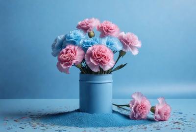 The primary subject of the image is a vase filled with a variety of flowers, including pink, blue, and white ones. The vase is placed on a blue surface, which adds a contrasting and visually appealing element to the scene. The setting appears to be indoors, with a table visible in the background. The visual style of the image is a combination of photo and digital art, creating a realistic yet artistic representation of the flowers and vase. The colors and mood of the image are predomin