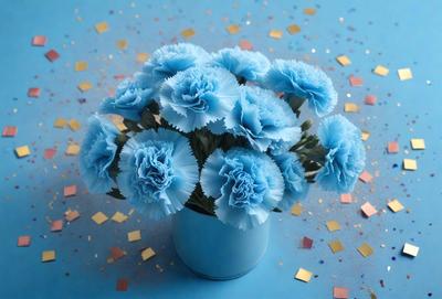 The primary subject of the image is a vase filled with blue flowers. The vase is placed on a blue table, which serves as the setting for the scene. The visual style of the image is a photo, capturing the beauty of the flowers and the vibrant blue color of the table. The colors and mood of the image are predominantly blue, creating a calm and serene atmosphere.