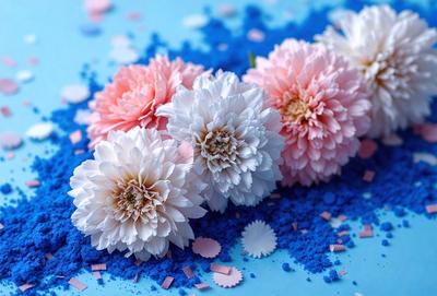 The primary subject of the image is a bouquet of white flowers with pink petals. The flowers are arranged on a blue surface, which adds a contrasting color to the scene. The visual style of the image is a close-up of the flowers, showcasing their details and beauty. The colors and mood of the image are predominantly white and pink, creating a sense of elegance and delicacy.