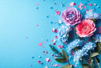 The primary subject of the image is a bouquet of flowers, which are displayed on a blue background. The flowers are arranged in a vase, and they are accompanied by pink and blue petals. The visual style of the image is a combination of photo and digital art, creating a unique and eye-catching display. The colors and mood of the image are predominantly pink and blue, giving it a calm and serene atmosphere.