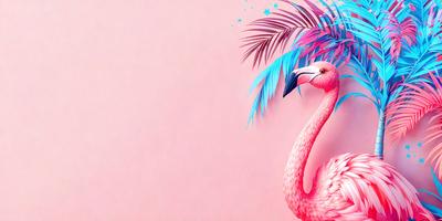 The primary subject of the image is a pink flamingo standing on a pink background. The flamingo is wearing a colorful feathered hat, which adds a whimsical touch to the scene. The visual style of the image is a combination of photo and digital art, creating a unique and eye-catching representation of the flamingo. The colors and mood of the image are predominantly pink, giving it a warm and inviting atmosphere.