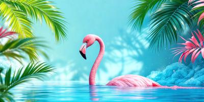 The primary subject of the image is a pink flamingo swimming in a body of water. The setting is a tropical environment, with a blue background and palm trees visible in the background. The visual style is a digital art illustration, creating a vibrant and lively atmosphere. The colors and mood of the image are predominantly pink and blue, reflecting the flamingo's natural hues and the serene, tropical ambiance.
