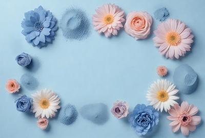 The primary subject of the image is a circle of flowers, including daisies and other types of flowers, arranged on a blue surface. The flowers are placed in a pattern, creating a visually appealing display. The setting appears to be a studio or a controlled environment, as the flowers are placed on a blue table or a blue background. The visual style of the image is a combination of photo and digital art, as it captures the beauty of the flowers and their arrangement in a visually pleasing manner. The colors and mood