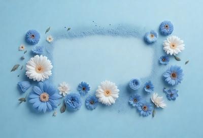 The primary subject of the image is a blue circle, which is surrounded by a variety of blue and white flowers. The setting is a blue surface, which serves as the background for the flowers. The visual style of the image is a combination of photo and digital art, creating a unique and eye-catching display. The colors and mood of the image are predominantly blue and white, giving it a calm and serene atmosphere.