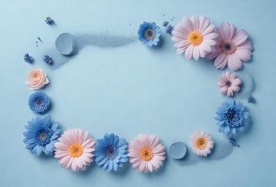 The primary subject of the image is a beautiful arrangement of flowers, including pink and blue daisies, placed on a blue surface. The flowers are arranged in a circular pattern, creating a visually appealing and harmonious display. The setting appears to be a creative and artistic environment, possibly a still life painting or a digital artwork. The visual style of the image is a combination of photo and digital art, resulting in a vibrant and eye-catching composition. The dominant colors in the image are blue and