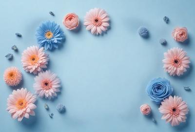 The primary subject of the image is a bouquet of flowers, which are arranged in a circular pattern on a blue surface. The flowers are of various colors, creating a visually appealing and vibrant scene. The setting appears to be a studio or a controlled environment, as the flowers are neatly placed and the overall atmosphere is well-organized. The visual style of the image is a combination of photo and digital art, as it captures the beauty of the flowers while maintaining a clean and polished appearance. The colors and