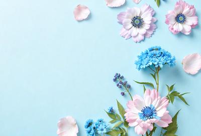 The primary subject of the image is a bouquet of flowers, predominantly blue and pink, arranged in a visually appealing manner. The flowers are placed against a blue wall, which serves as the setting and background of the scene. The visual style of the image is a close-up of the flowers, showcasing their beauty and details. The colors and mood of the image are predominantly warm and inviting, with the blue and pink flowers creating a sense of freshness and natural beauty.