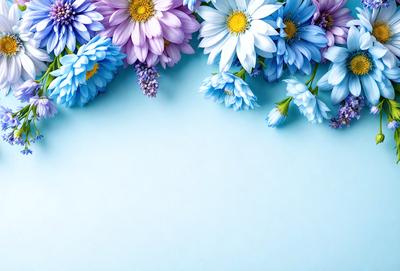 The primary subject of the image is a bouquet of flowers, which are purple and blue in color. The flowers are arranged in a vase and are placed on a blue background. The visual style of the image is a photo, capturing the beauty of the flowers in their natural setting. The colors and mood of the image are serene and calming, with the blue flowers creating a sense of tranquility and relaxation.