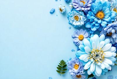 The primary subject of the image is a bouquet of blue flowers, which are arranged in a visually appealing manner. The setting is a white background, which provides a clean and minimalist look. The visual style is a combination of photo and digital art, creating a realistic yet artistic representation of the flowers. The colors and mood of the image are predominantly blue, which gives it a calm and serene atmosphere.