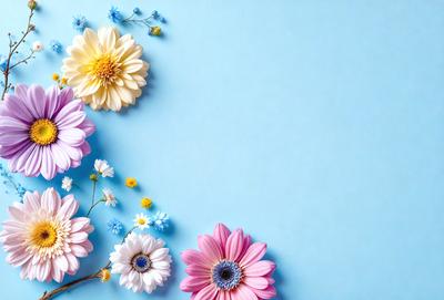 The primary subject of the image is a bouquet of flowers, which are arranged in a visually appealing manner. The setting is a blue wall, which serves as a beautiful backdrop for the flowers. The visual style of the image is a combination of photo and digital art, creating a vibrant and lively atmosphere. The colors and mood of the image are predominantly pink and white, giving it a warm and inviting feel.