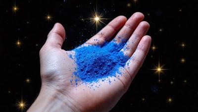 The primary subject of the image is a hand holding a blue substance, which appears to be a powder or a small amount of a blue substance. The setting is a night sky, with stars visible in the background. The visual style is a close-up of the hand holding the blue substance, creating a sense of depth and focus on the subject. The colors and mood of the image are predominantly blue, with the night sky providing a serene and peaceful atmosphere.