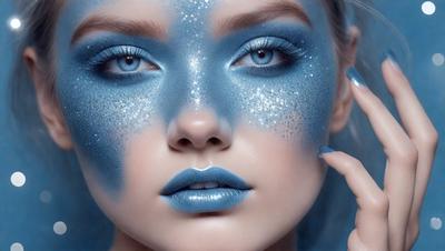 The primary subject of the image is a woman with blue makeup on her face. She is wearing a blue lipstick and has blue glitter on her face. The setting is a close-up of her face, and the visual style appears to be a photo. The colors and mood of the image are predominantly blue, creating a cool and vibrant atmosphere.