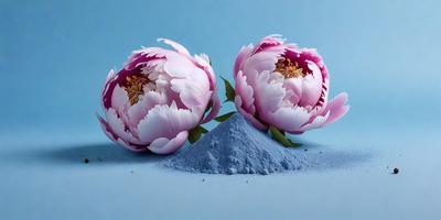 The primary subject of the image is a pair of pink flowers, which are the main objects in the scene. The flowers are placed on a blue surface, which serves as the background. The visual style of the image is a photo, capturing the beauty of the flowers in their natural setting. The colors in the image are predominantly pink, which gives the scene a warm and inviting atmosphere.