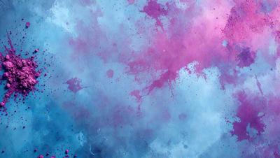 The primary subject of the image is a blue and pink background with a splatter of paint. The setting is a cloudy sky, and the visual style is a painting or digital art. The dominant colors are blue and pink, creating a vibrant and lively atmosphere.