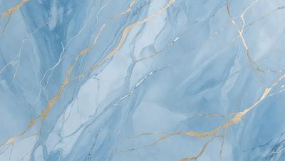 The primary subject of the image is a blue marble wall with gold accents. The setting is a room with a blue marble wall as the main focus. The visual style is a combination of a photo and digital art, creating a unique and eye-catching design. The dominant colors are blue and gold, giving the wall a luxurious and elegant appearance.