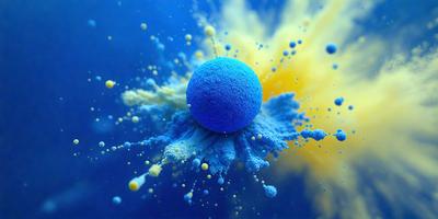 The primary subject of the image is a blue ball, which is the main object in the scene. The setting is a blue background, and the visual style appears to be a digital art or illustration. The dominant colors in the image are blue and yellow, creating a vibrant and lively atmosphere.
