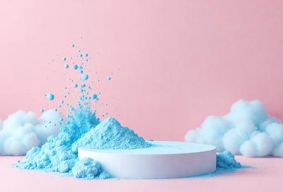 The primary subject of the image is a white, round surface with a blue substance, possibly a powder or a liquid, spreading across it. The setting appears to be a pink background, which adds a contrasting color to the scene. The visual style of the image is a combination of photo and digital art, creating a unique and eye-catching presentation. The dominant colors in the image are white and blue, giving it a clean and calming atmosphere.