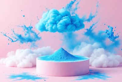 The primary subject of the image is a blue cloud, which is the main object, scene, or focus of the image. The setting or background features a pink surface, and the visual style appears to be a combination of photo and digital art. The dominant colors in the image are blue and pink, creating a vibrant and lively atmosphere.