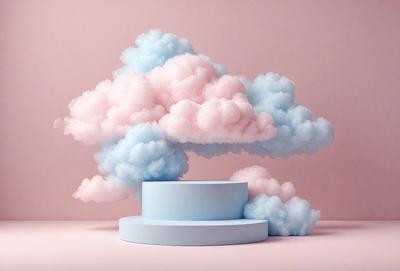 The primary subject of the image is a large, colorful cloud sculpture. The cloud is made up of various shades of pink, blue, and white, creating a visually striking and whimsical piece. The cloud is positioned on a blue pedestal, which serves as a base for the sculpture. The setting is a pink background, which complements the vibrant colors of the cloud. The visual style of the image is a combination of digital art and illustration, giving the scene a unique and art