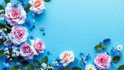 The primary subject of the image is a bouquet of white and pink roses. The setting is a blue background, which creates a contrasting and visually appealing effect. The visual style is a close-up of the flowers, showcasing their details and beauty. The colors and mood of the image are predominantly white and pink, giving it a delicate and romantic atmosphere.