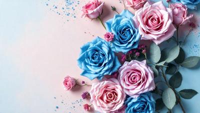 The primary subject of the image is a bouquet of colorful flowers, predominantly pink and blue, arranged in a vase. The flowers are placed on a pink background, which adds a touch of elegance to the scene. The visual style of the image is a close-up of the flowers, showcasing their vibrant colors and intricate details. The overall atmosphere of the image is one of beauty and freshness, as the flowers are the main focus and the pink background complements their colors.