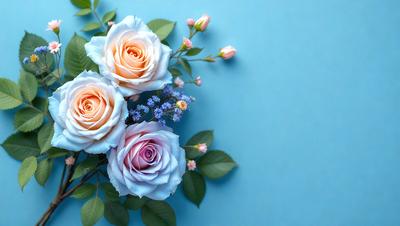 The primary subject of the image is a bouquet of three roses and one purple flower, arranged in a vase. The setting is a blue background, which adds a calming and serene atmosphere to the scene. The visual style is a close-up of the flowers, showcasing their beauty and details. The colors and mood of the image are predominantly blue and purple, creating a sense of tranquility and elegance.