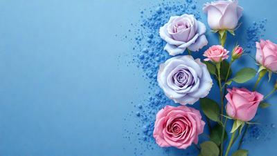 The primary subject of the image is a bouquet of four different colored roses, each with a unique hue. The setting is a blue background, which adds a vibrant contrast to the roses. The visual style is a close-up of the roses, showcasing their details and beauty. The colors and mood of the image are lively and cheerful, as the roses are presented in a visually appealing manner.
