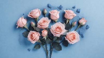 The primary subject of the image is a bouquet of pink roses. The setting is a blue background, which adds a contrasting and calming effect to the scene. The visual style is a close-up of the roses, showcasing their beauty and details. The colors and mood of the image are predominantly pink, which symbolizes love, affection, and warmth.