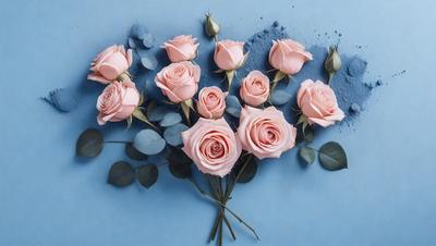 The primary subject of the image is a bouquet of pink roses. The setting is a blue background, which adds a contrasting and calming effect to the scene. The visual style is a close-up of the roses, showcasing their details and beauty. The colors and mood of the image are predominantly pink, which symbolizes love, affection, and warmth. The bouquet is placed on a table, and the overall atmosphere is serene and elegant.