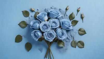 The primary subject of the image is a bouquet of blue roses. The setting is a blue background, which adds a vibrant and calming atmosphere to the scene. The visual style is a close-up of the bouquet, showcasing the details of the flowers. The colors and mood of the image are predominantly blue, creating a serene and peaceful ambiance.