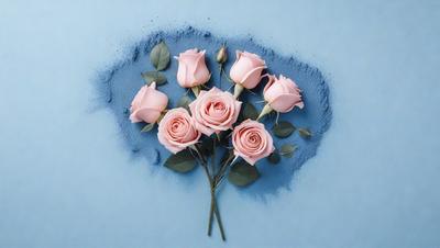 The primary subject of the image is a bouquet of pink roses. The setting is a blue background, which adds a contrasting and calming effect to the scene. The visual style is a photo, capturing the beauty of the roses in their natural form. The colors and mood of the image are predominantly pink, creating a sense of warmth and elegance.