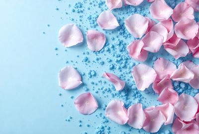 The primary subject of the image is a close-up of pink flowers on a blue surface. The setting appears to be a studio or a controlled environment, as the flowers are arranged in a visually appealing manner. The visual style of the image is a combination of photo and digital art, creating a vibrant and lively atmosphere. The dominant colors in the image are pink and blue, which complement each other and create a harmonious and pleasant mood.