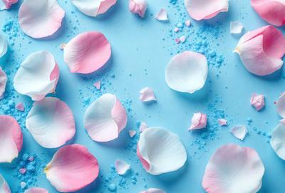 The primary subject of the image is a close-up of a pink flower petal. The setting is a blue surface, which could be a table or a wall. The visual style is a close-up of a single flower petal, with a focus on the details of the petal. The colors are predominantly pink and blue, creating a calm and serene atmosphere.