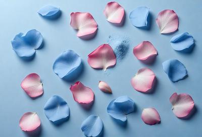 The primary subject of the image is a collection of pink and blue flowers. The flowers are arranged in various positions, creating a visually appealing display. The setting is a blue background, which provides a contrasting and complementary color to the flowers. The visual style of the image is a close-up of the flowers, showcasing their details and beauty. The colors and mood of the image are predominantly pink and blue, creating a serene and calming atmosphere.