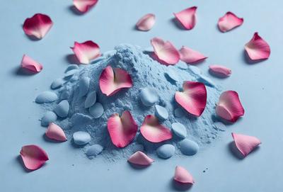 The primary subject of the image is a pile of pink petals, which are scattered on a blue surface. The setting appears to be a studio or a controlled environment, as the petals are arranged in a visually appealing manner. The visual style of the image is a combination of photo and digital art, creating a unique and artistic representation of the pink petals. The colors and mood of the image are predominantly pink and blue, giving it a serene and calming atmosphere.