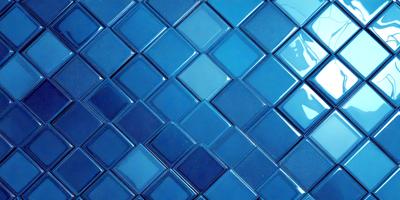 The primary subject of the image is a blue tile wall with a pattern of blue squares. The setting is a room with a blue tile floor. The visual style is a close-up of the blue tile wall, showcasing the intricate pattern of the blue squares. The colors and mood of the image are predominantly blue, creating a calm and serene atmosphere.