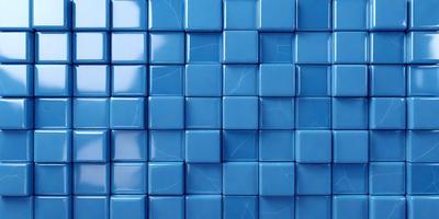 The primary subject of the image is a blue tile wall with a pattern of blue squares. The setting is a room with a blue tile floor. The visual style is a close-up of the blue tile wall, showcasing the intricate pattern of the blue squares. The colors and mood of the image are predominantly blue, creating a calm and serene atmosphere.