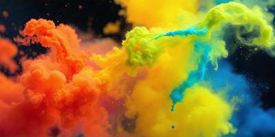 The primary subject of the image is a colorful, swirling cloud of paint, with a vibrant and lively atmosphere. The setting is a studio, where the artist has created this captivating artwork. The visual style is a combination of digital art and illustration, showcasing the artist's creativity and skill. The colors and mood of the image are predominantly yellow, orange, and blue, evoking a sense of joy and energy.